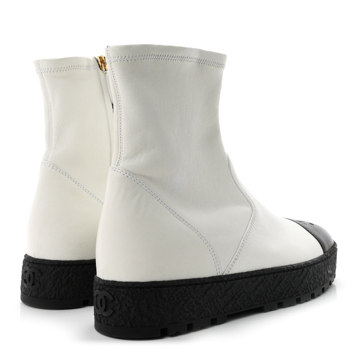 Stretch Lambskin Cap Toe CC Ankle Boots 38 White Black