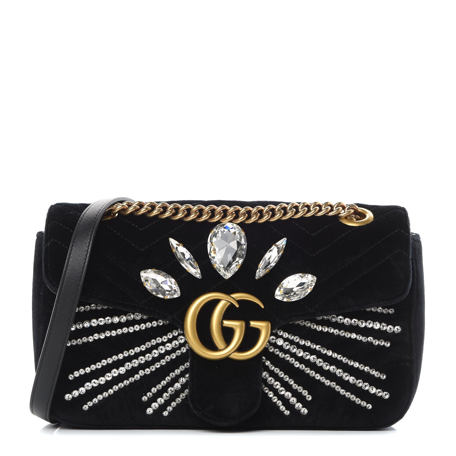 Gucci Velvet Matelasse Marquise Crystals Embroidered Small GG Marmont Shoulder Bag Black 1 of 10