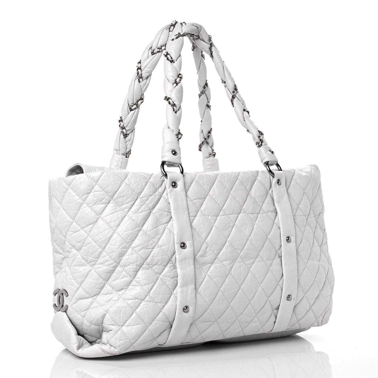 Distressed Lambskin Vintage Ligne Lady Braid XL Tote White