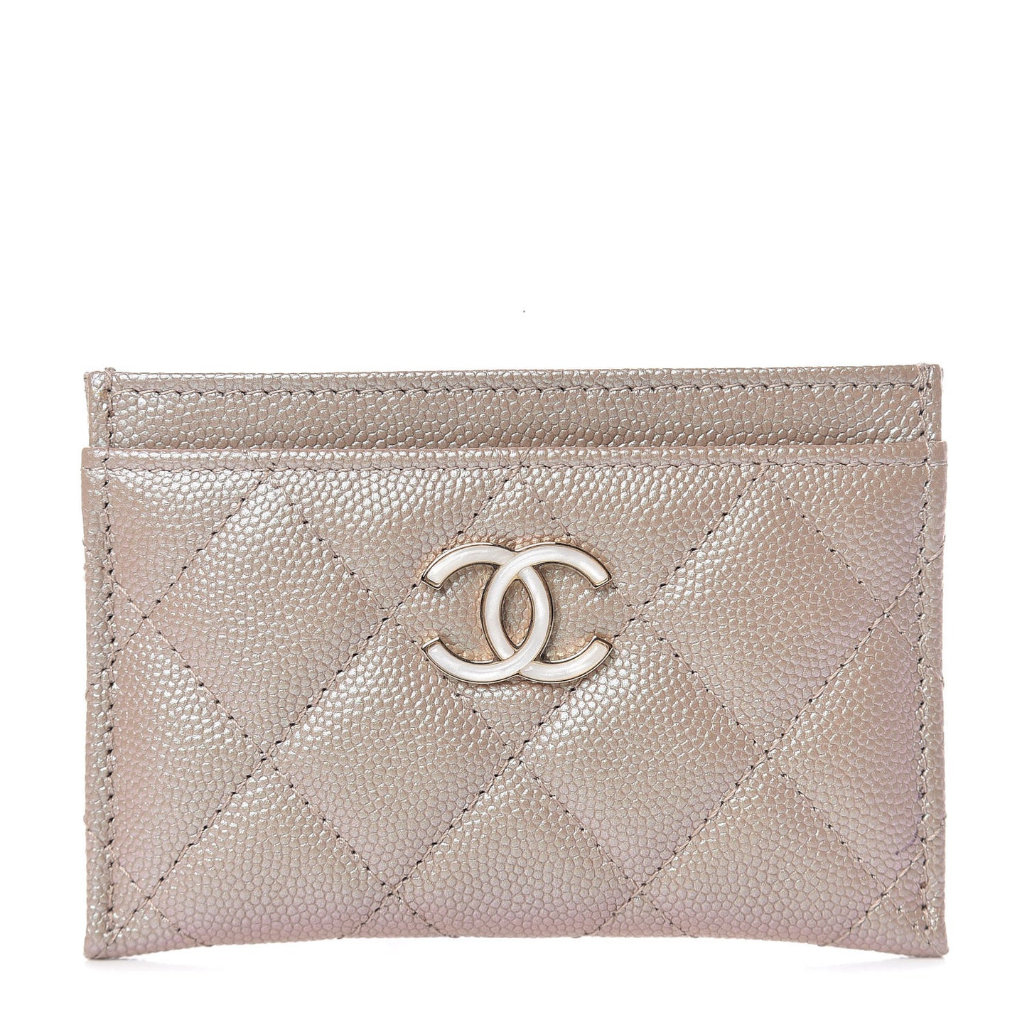 Iridescent Caviar Quilted Card Holder Beige
