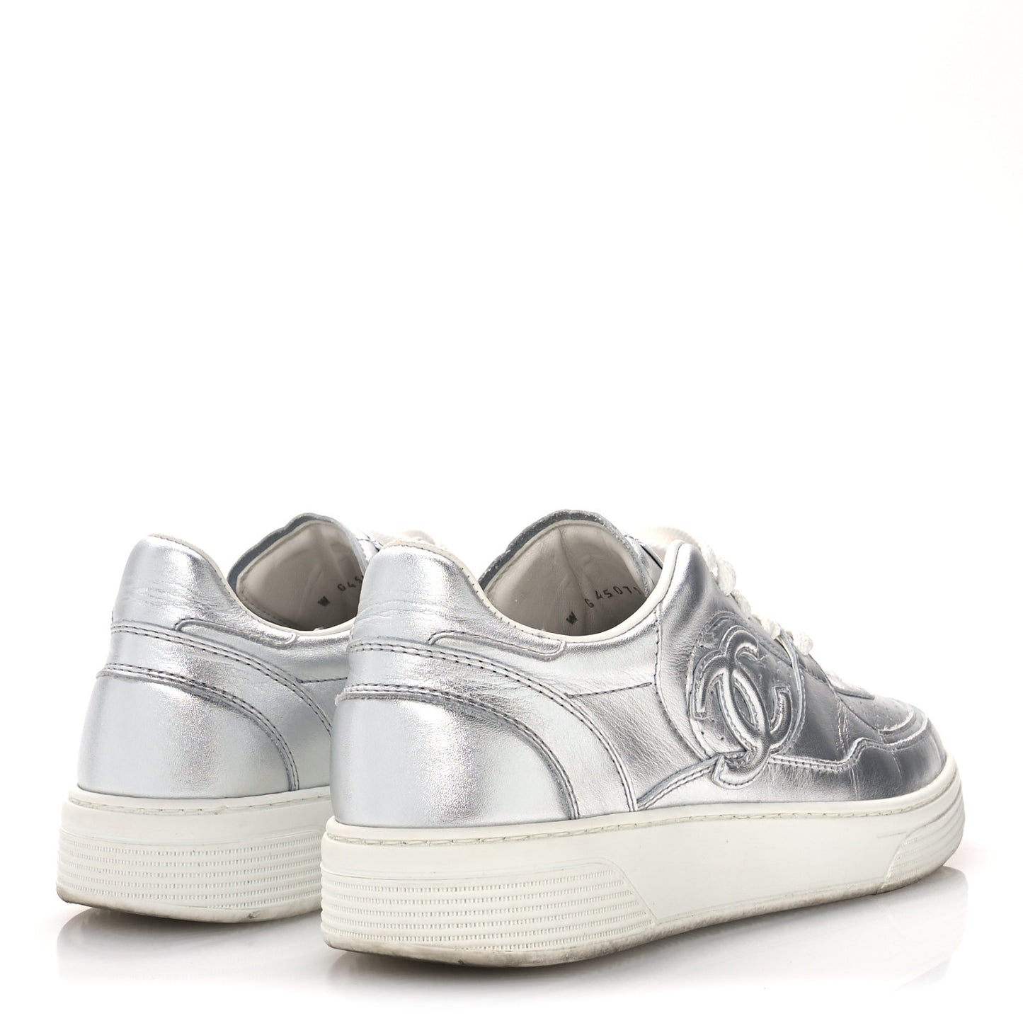 Laminated Calfskin CC Womens Sneakers 38.5 Silver