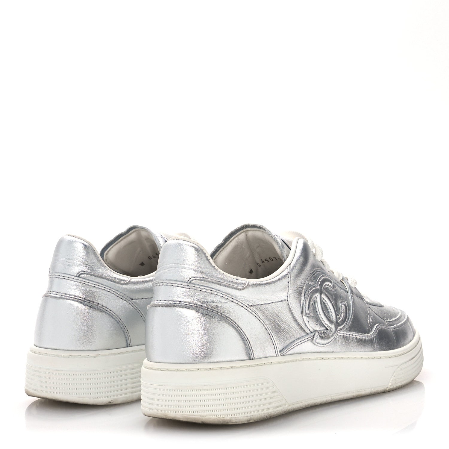Chanel Laminated Calfskin CC Womens Sneakers 38.5 Silver 5 of 9