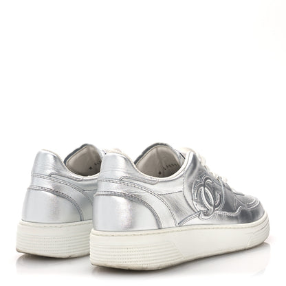 Chanel Laminated Calfskin CC Womens Sneakers 38.5 Silver 5 of 9