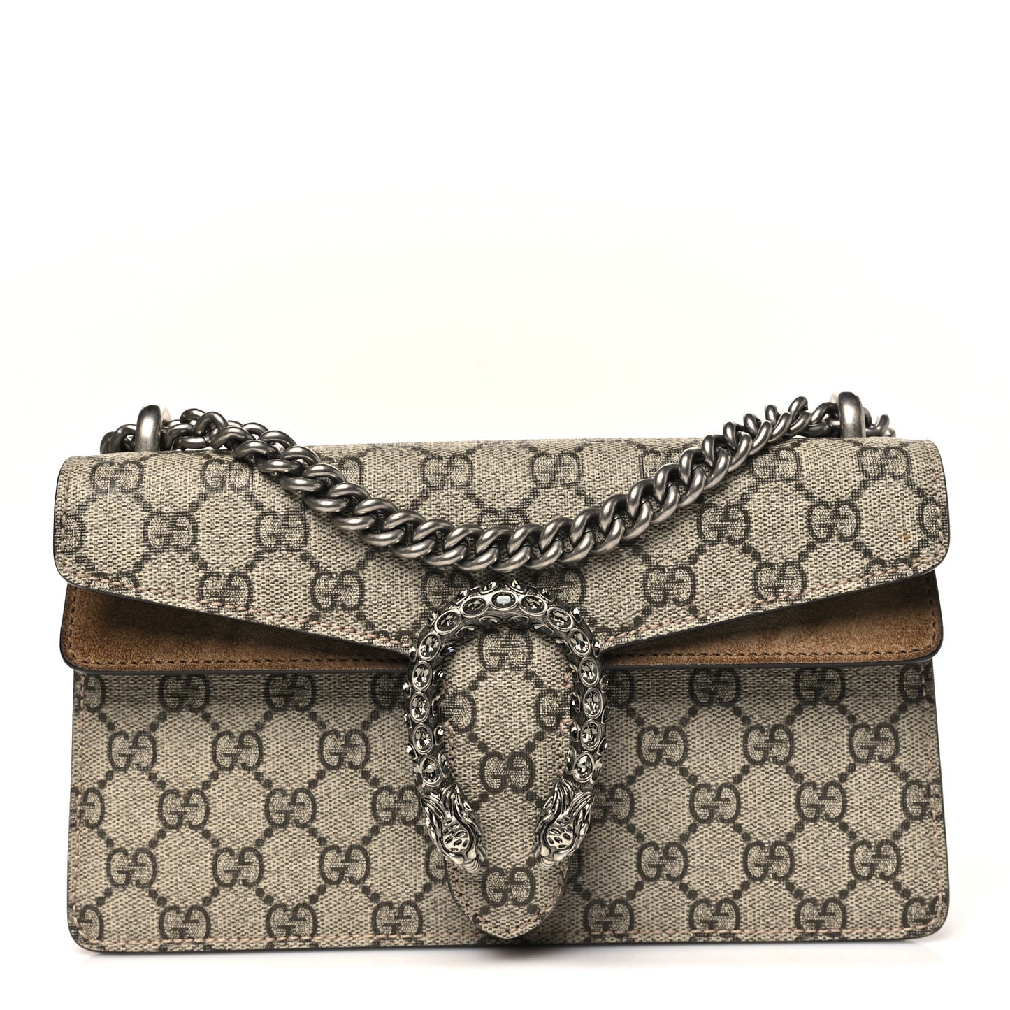 GG Supreme Monogram Suede Crystal Small Dionysus Shoulder Bag Beige Ebony Taupe