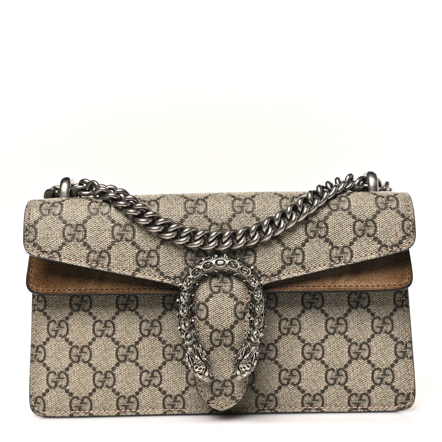 Gucci GG Supreme Monogram Suede Crystal Small Dionysus Shoulder Bag Beige Ebony Taupe 1 of 11