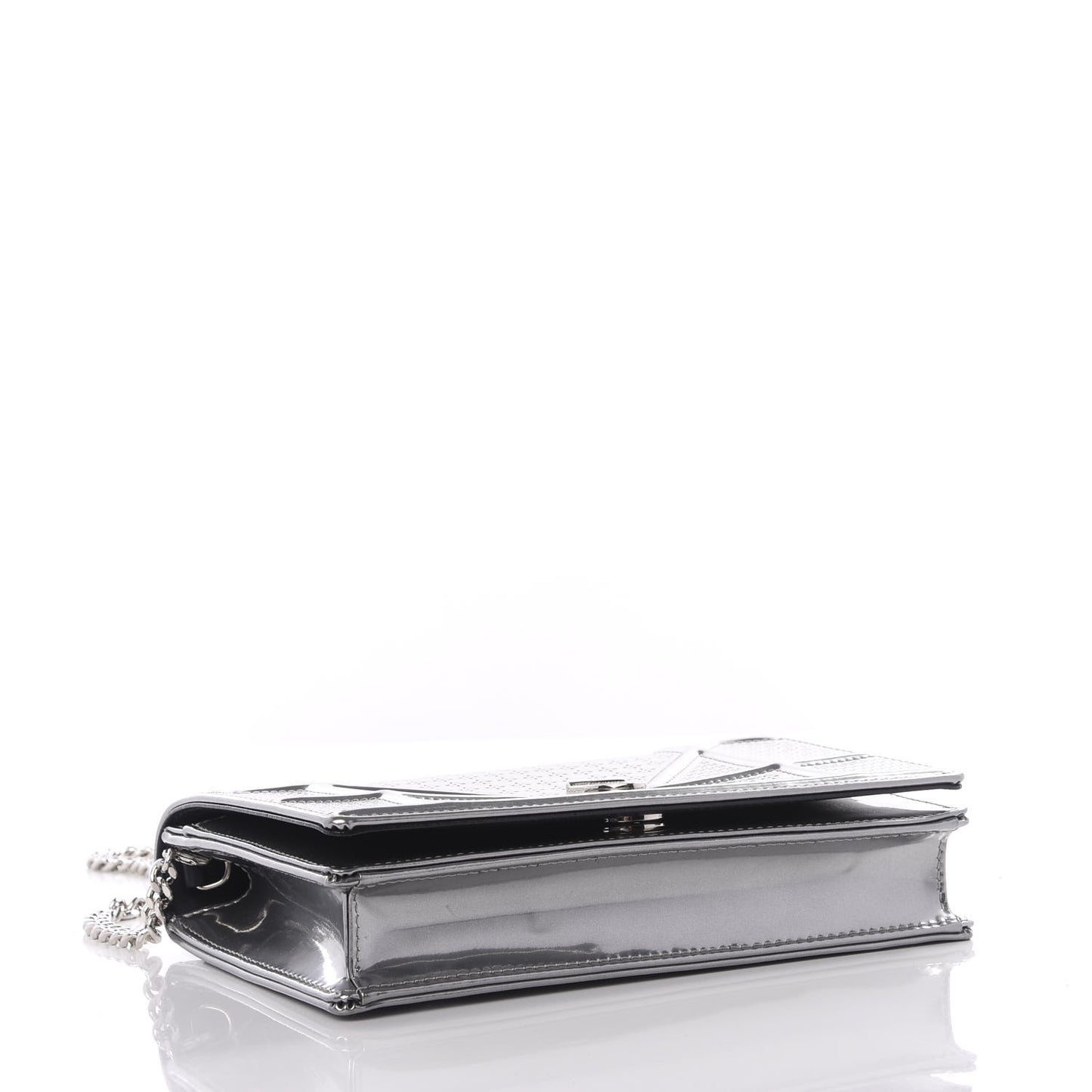 Metallic Patent Micro-Cannage Diorama Wallet on Chain Pouch Silver