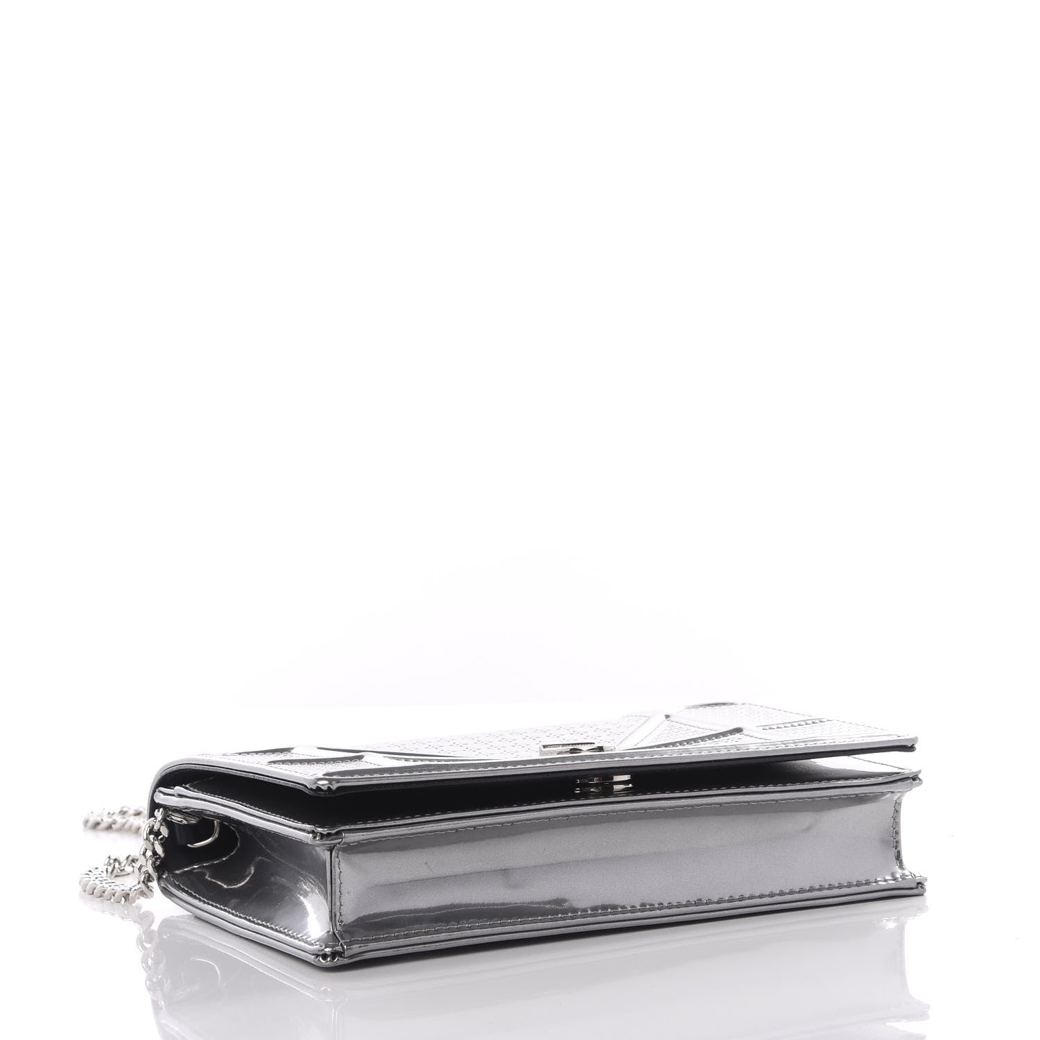 Christian Dior Metallic Patent Micro-Cannage Diorama Wallet on Chain Pouch Silver 3 of 9
