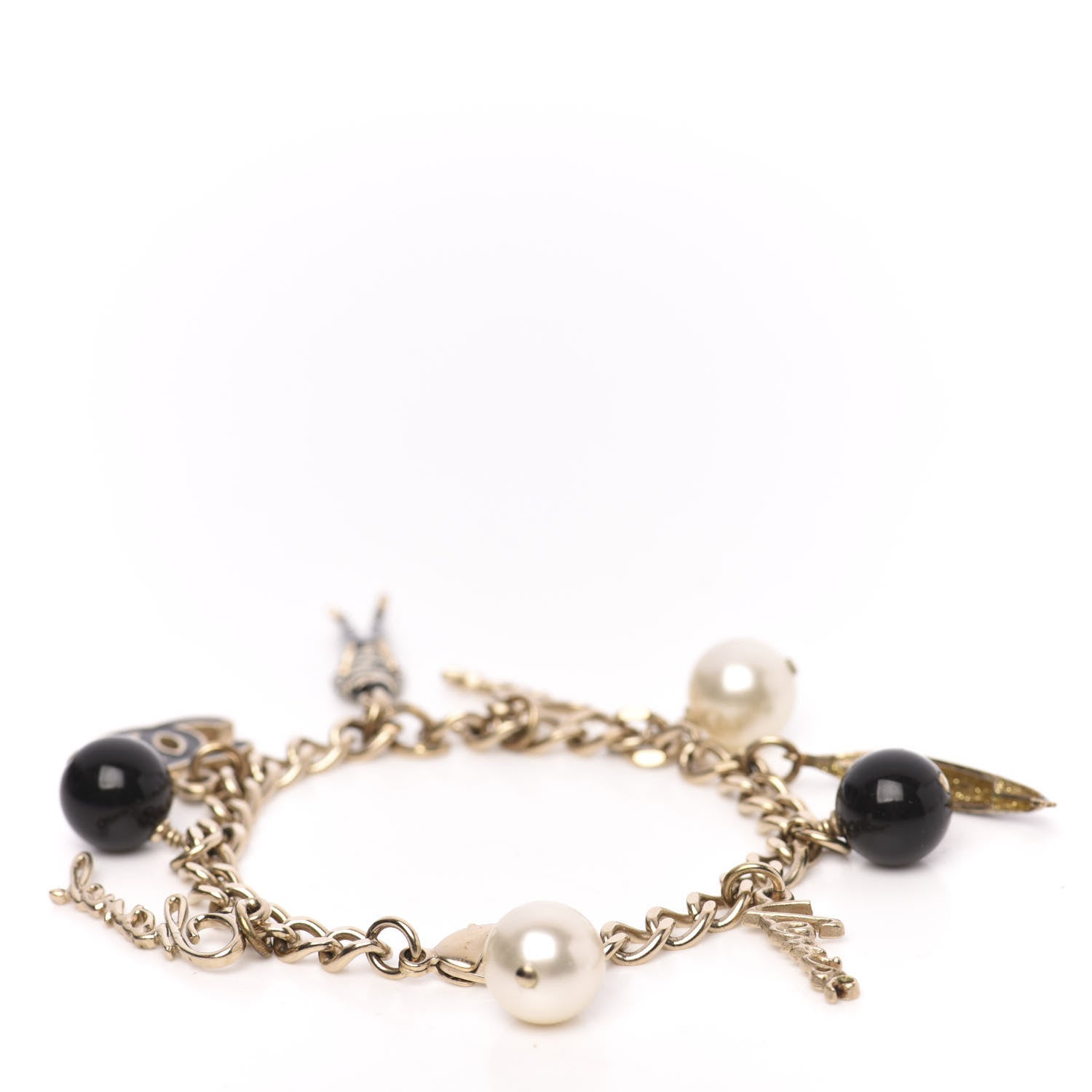 Chanel Pearl Bead CC Venice Charm Bracelet Black Gold 3 of 4