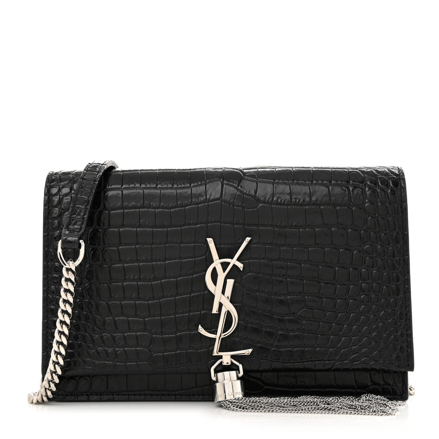 Saint Laurent Calfskin Crocodile Embossed Kate Monogram Tassel Chain Wallet Black 1 of 10