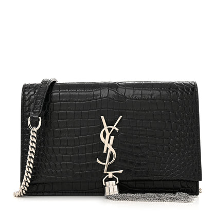 Saint Laurent Calfskin Crocodile Embossed Kate Monogram Tassel Chain Wallet Black 1 of 10