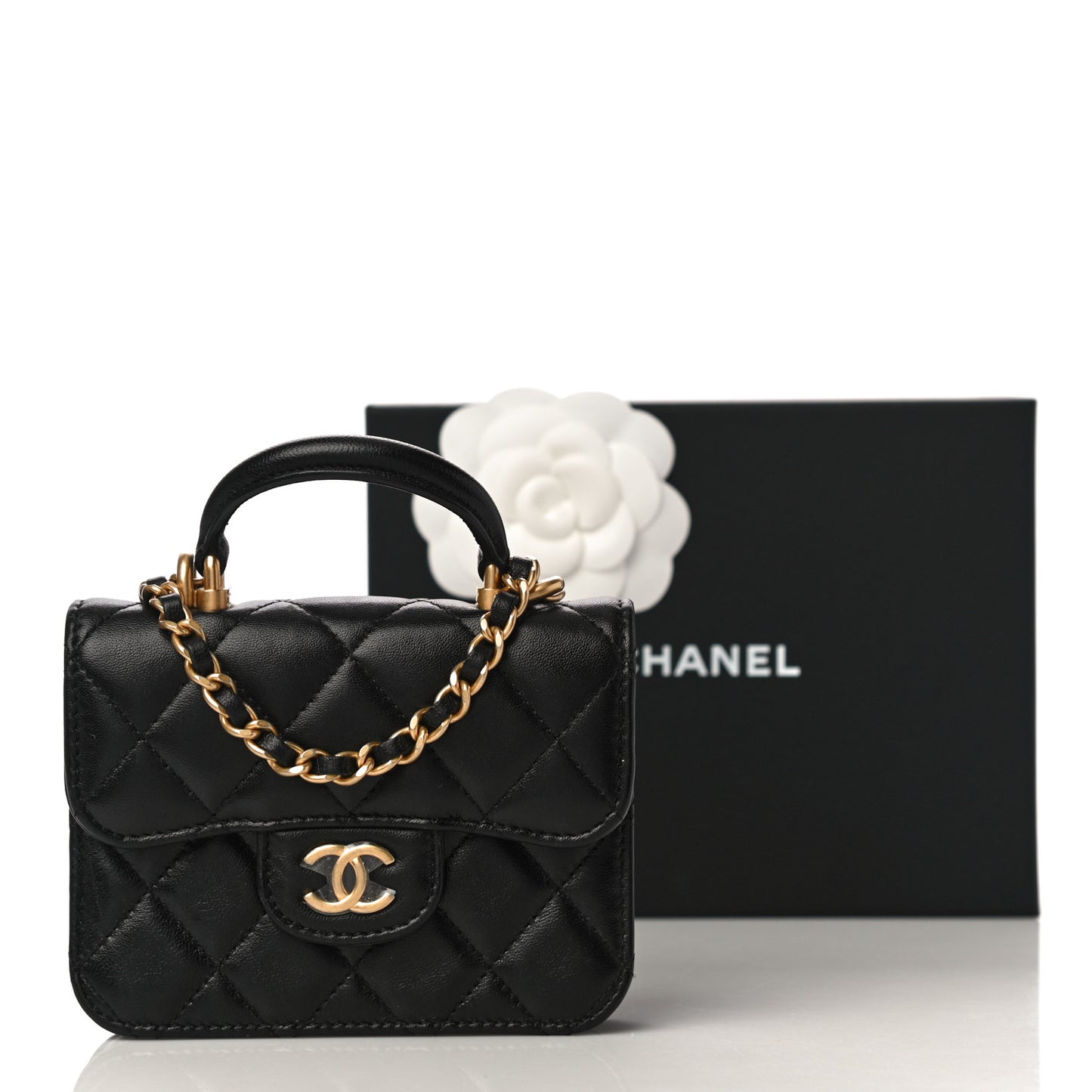 Lambskin Quilted Top Handle Flap Coin Purse With Chain Black