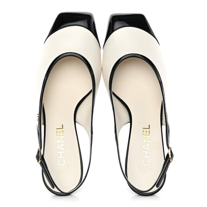 Chanel Lambskin Patent Calfskin Cap Toe CC Slingback Pumps 38 White Black 8 of 12