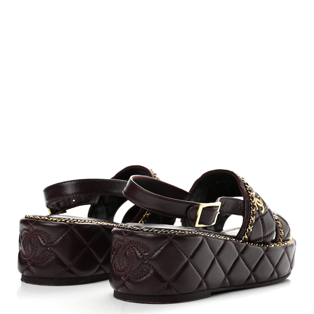 Chanel Shiny Lambskin Quilted Chain Around CC Platform Sandals 36 Burgundy 5 of 13