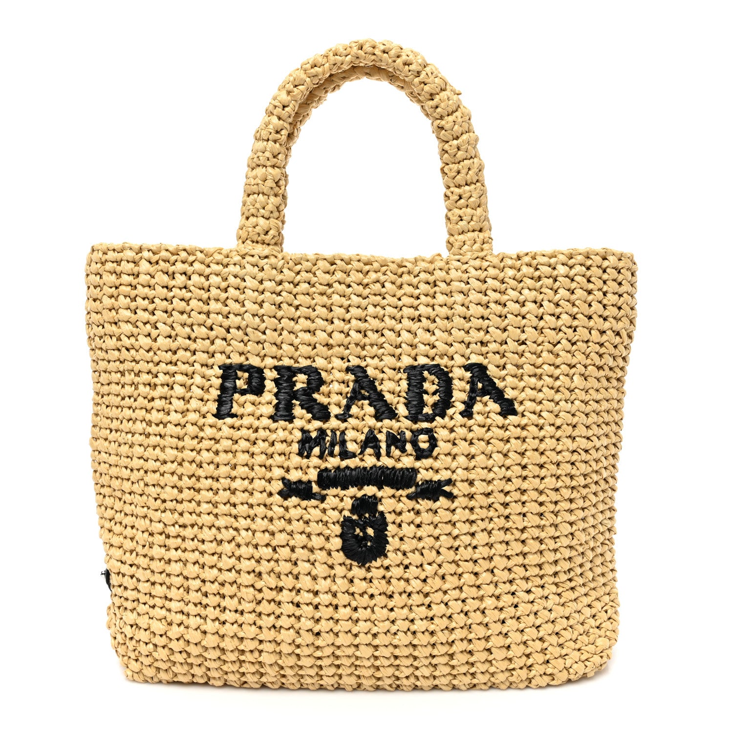 Prada Yarn Raffia Effect Crochet Embroidered Small Logo Tote Naturale 1 of 7