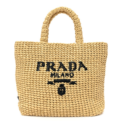 Prada Yarn Raffia Effect Crochet Embroidered Small Logo Tote Naturale 1 of 7