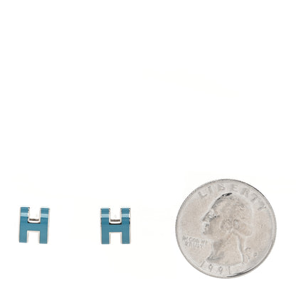 Hermes Palladium Lacquered Mini Pop H Earrings Bleu Jean 2 of 5