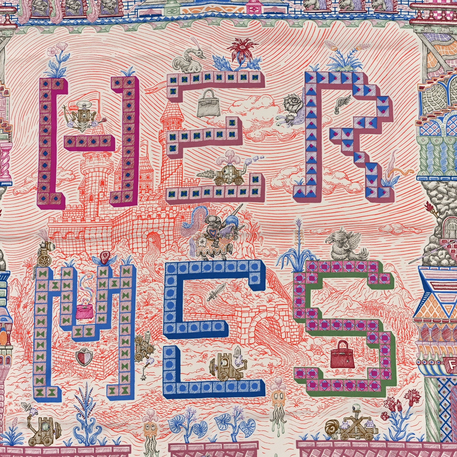 Hermes Silk Super Silk Quest Scarf 90 Cream Rose Blue 2 of 3