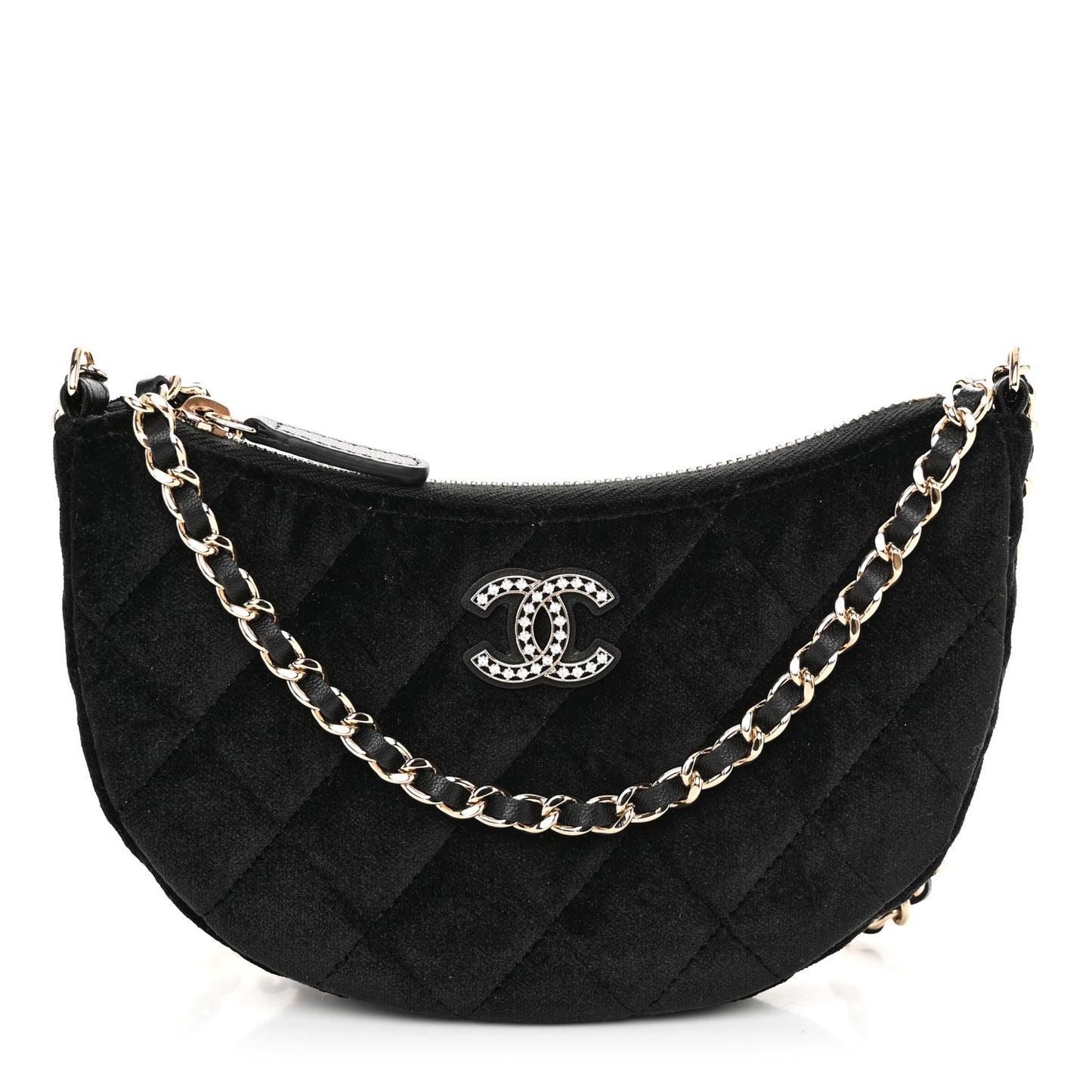 Velvet Crystal Quilted Chain Hobo Black
