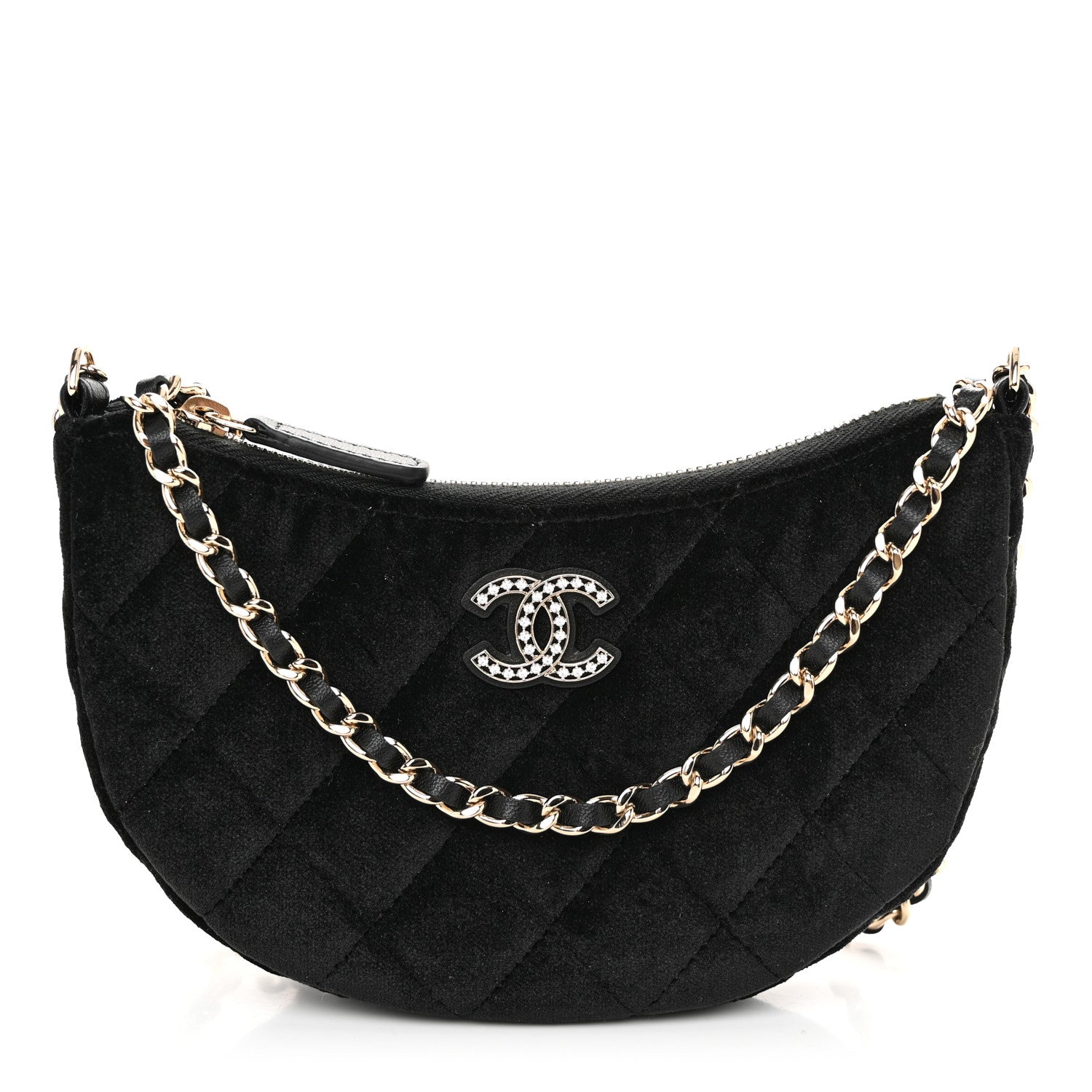 Chanel Velvet Crystal Quilted Chain Hobo Black 1 of 11