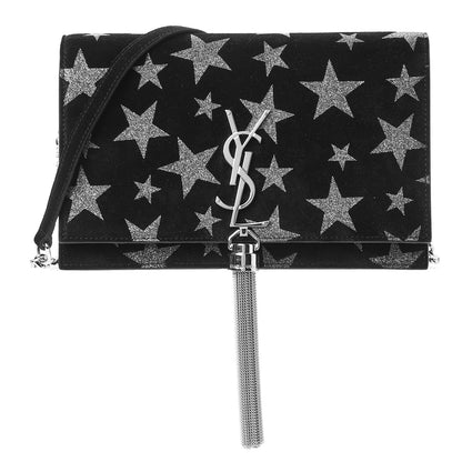 Saint Laurent Suede Star Print Monogram Chain Wallet Black Silver 1 of 8