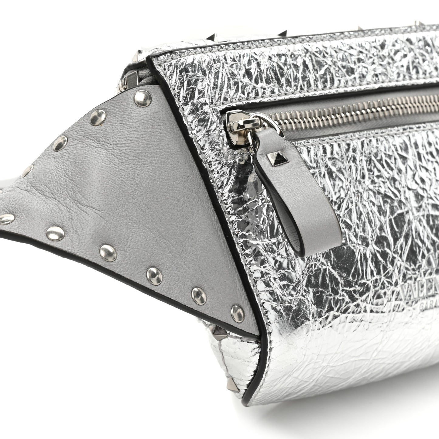 Metallic Craquele Nappa Rockstud Spike Belt Bag 105 42 Silver