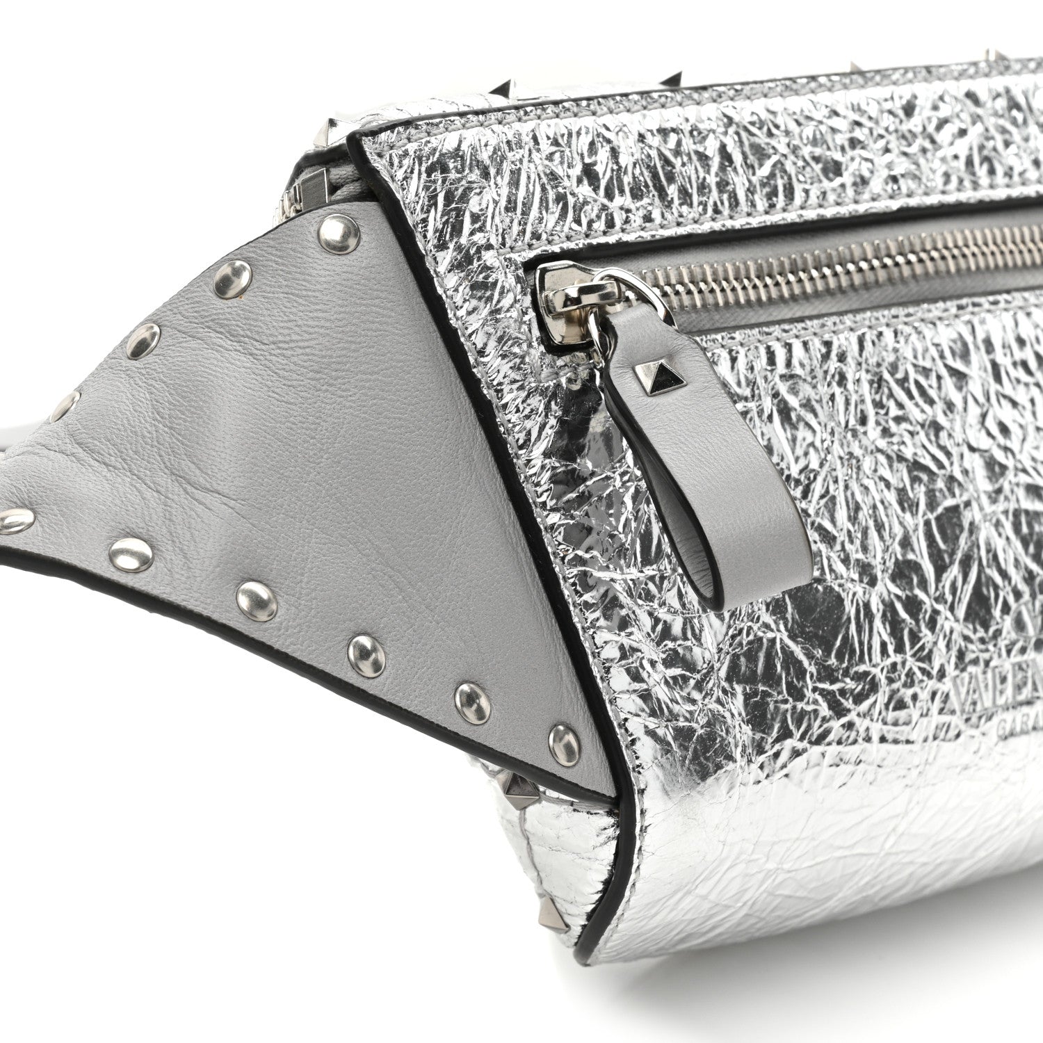 Valentino Garavani Metallic Craquele Nappa Rockstud Spike Belt Bag 105 42 Silver 10 of 12
