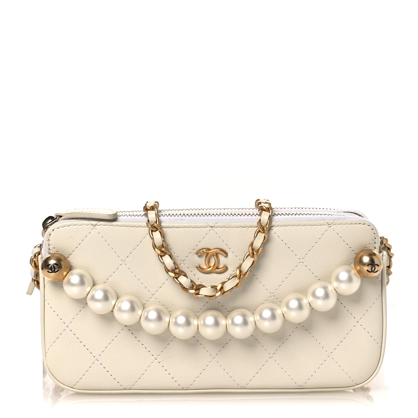Goatskin Stitched Small Chic Pearls Clutch With Chain  White