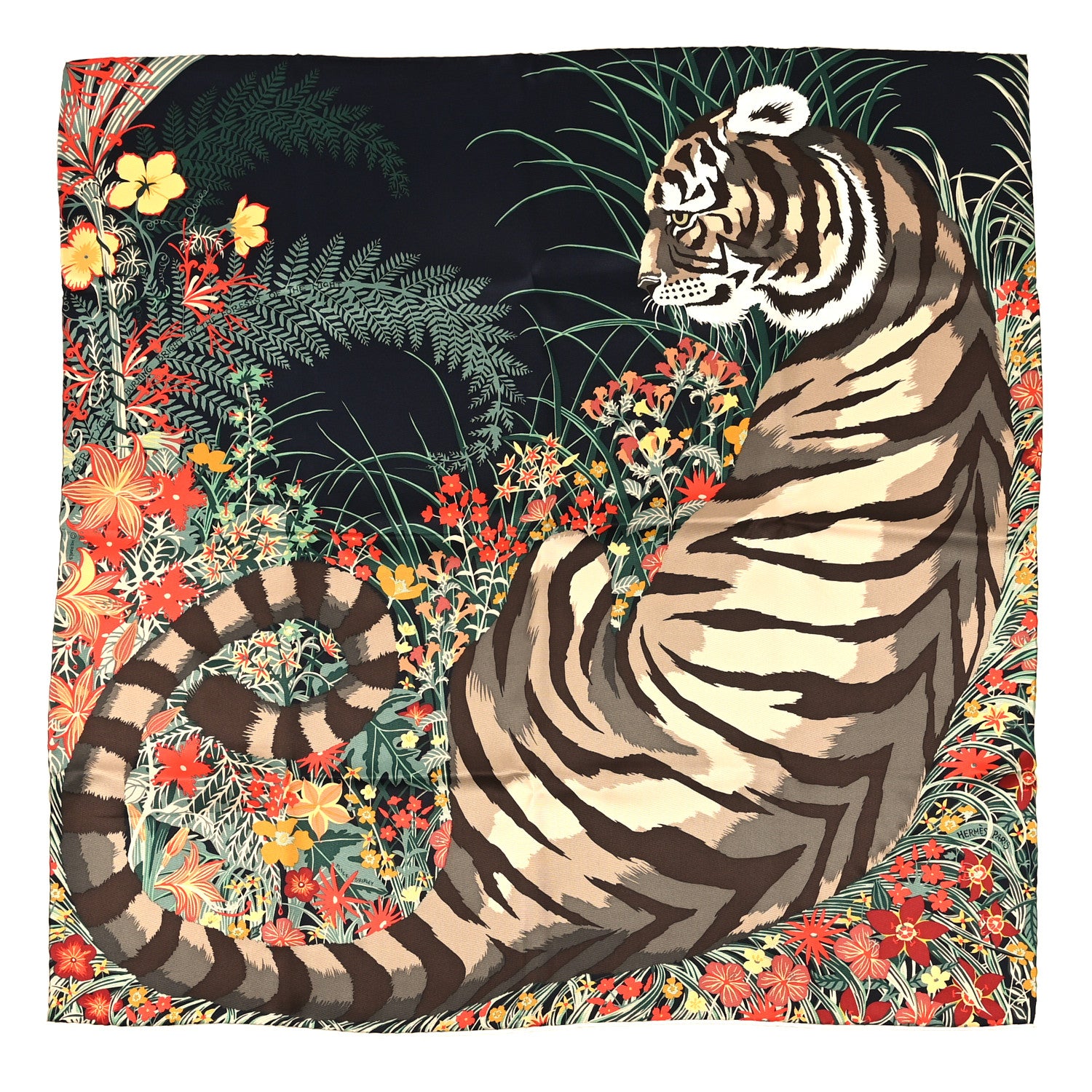 Hermes Silk Tyger Tyger Scarf 70 Black Beige Corail 1761060