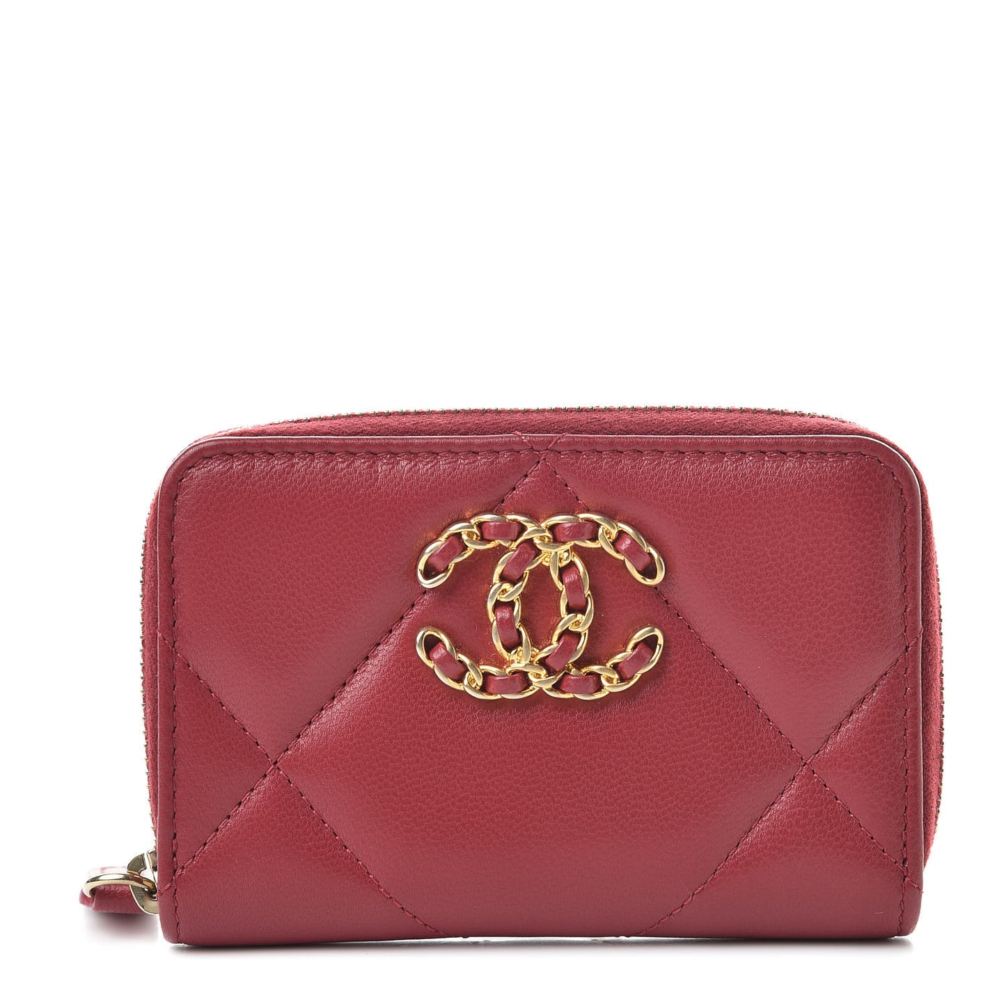Goatskin Quilted 19 Zip Around Coin Purse Wallet Dark Pink