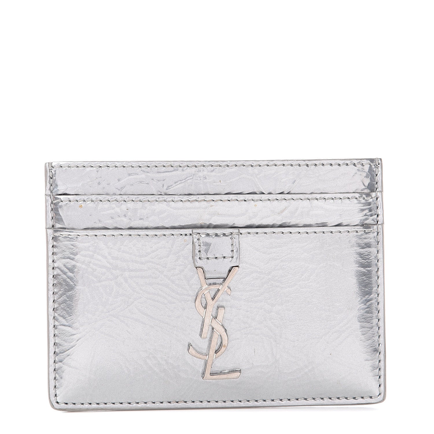 Saint Laurent Textured Patent Metallic Matelasse Chevron Monogram Credit Card Case Argento 1 of 5