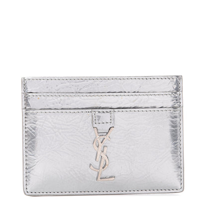 Saint Laurent Textured Patent Metallic Matelasse Chevron Monogram Credit Card Case Argento 1 of 5