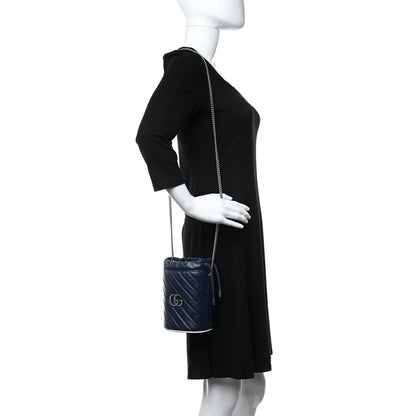 Gucci Vintage Effect Calfskin Matelasse Diagonal Mini Torchon GG Marmont 2.0 Bucket Bag Blue Agata Mystic White 2 of 12