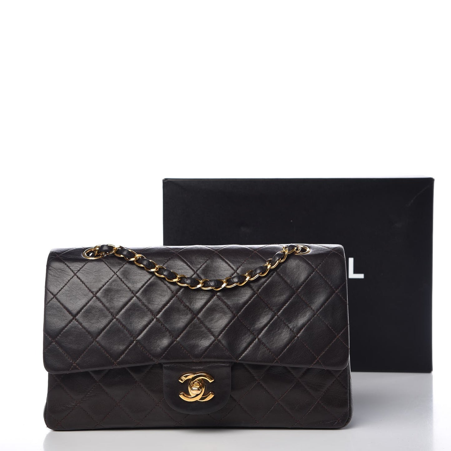 Lambskin Quilted Medium Double Flap Brown