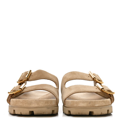 Prada Suede Metal Triangle Logo Womens Double Buckle 20mm Slide Sandals 39 Ecru 2 of 9