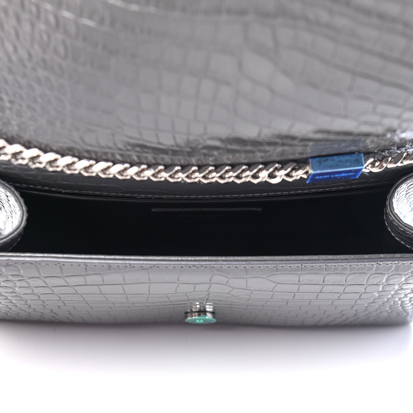 Calfskin Crocodile Embossed Medium Classic Monogram Kate Tassel Satchel Storm