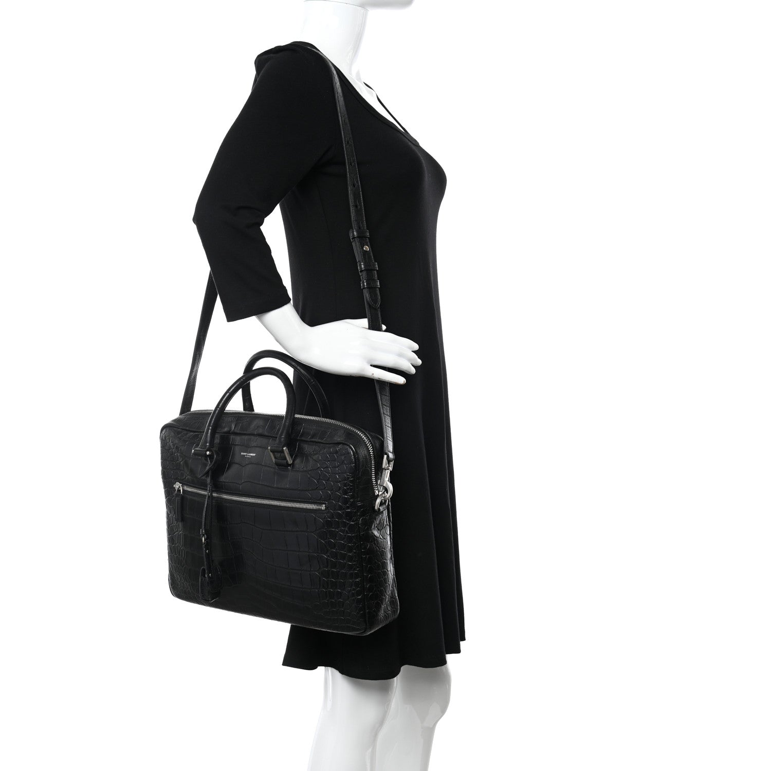 Saint Laurent Calfskin Crocodile Embossed Bold Briefcase Black 2 of 10