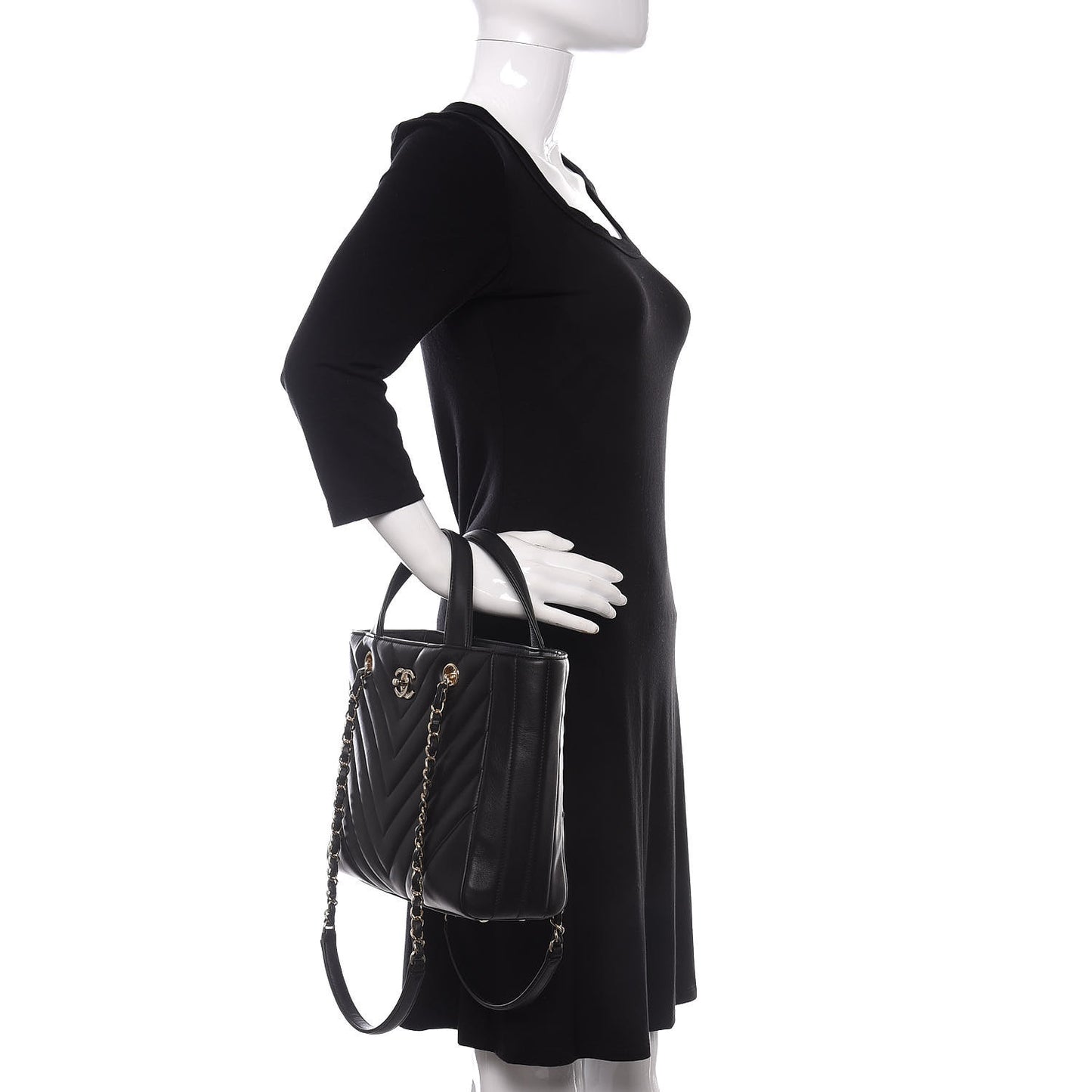 Calfskin Chevron Quilted Statement Shopping Tote Black