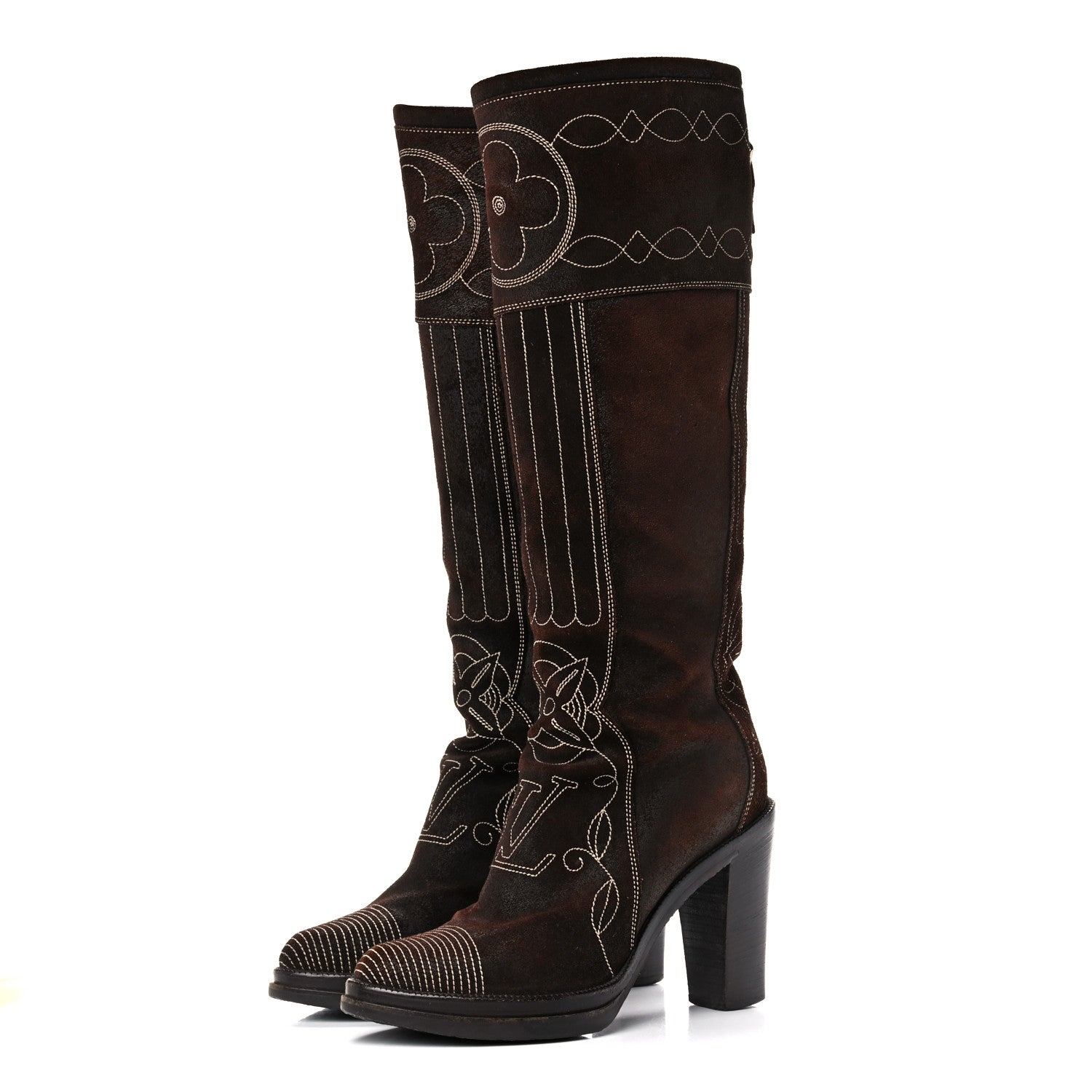 Louis Vuitton Suede Cowboy Knee High Tall Boots 36.5 Brown 3 of 19