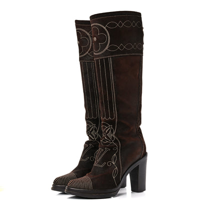 Louis Vuitton Suede Cowboy Knee High Tall Boots 36.5 Brown 3 of 19