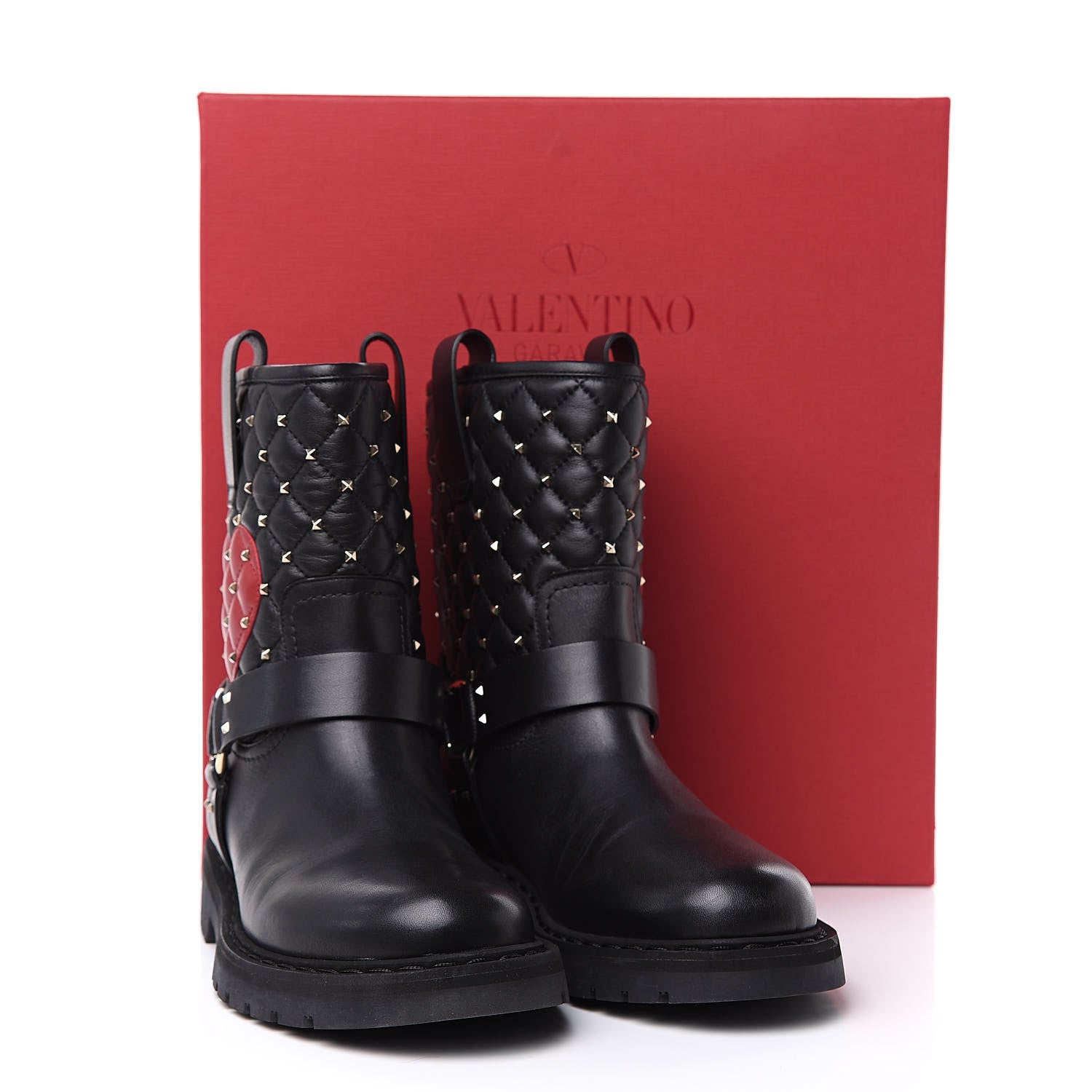 Valentino Garavani Calfskin Nappa Heart Rockstud Spike Biker Boots 38 Black 9 of 9