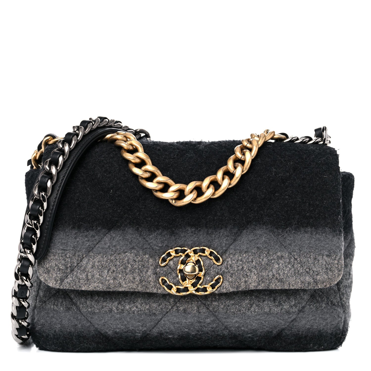 Chanel Wool Quilted Medium Chanel 19 Flap Black Grey 1 of 10