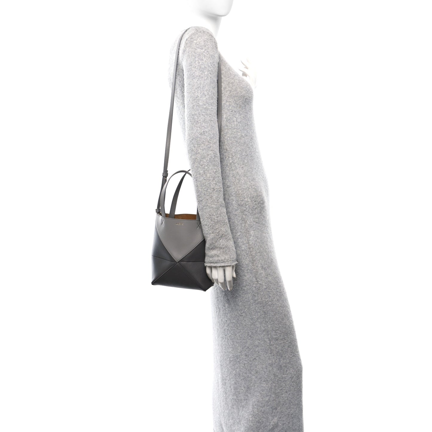 Shiny Calfskin Mini Puzzle Fold Tote Pearl Grey Dark Grey
