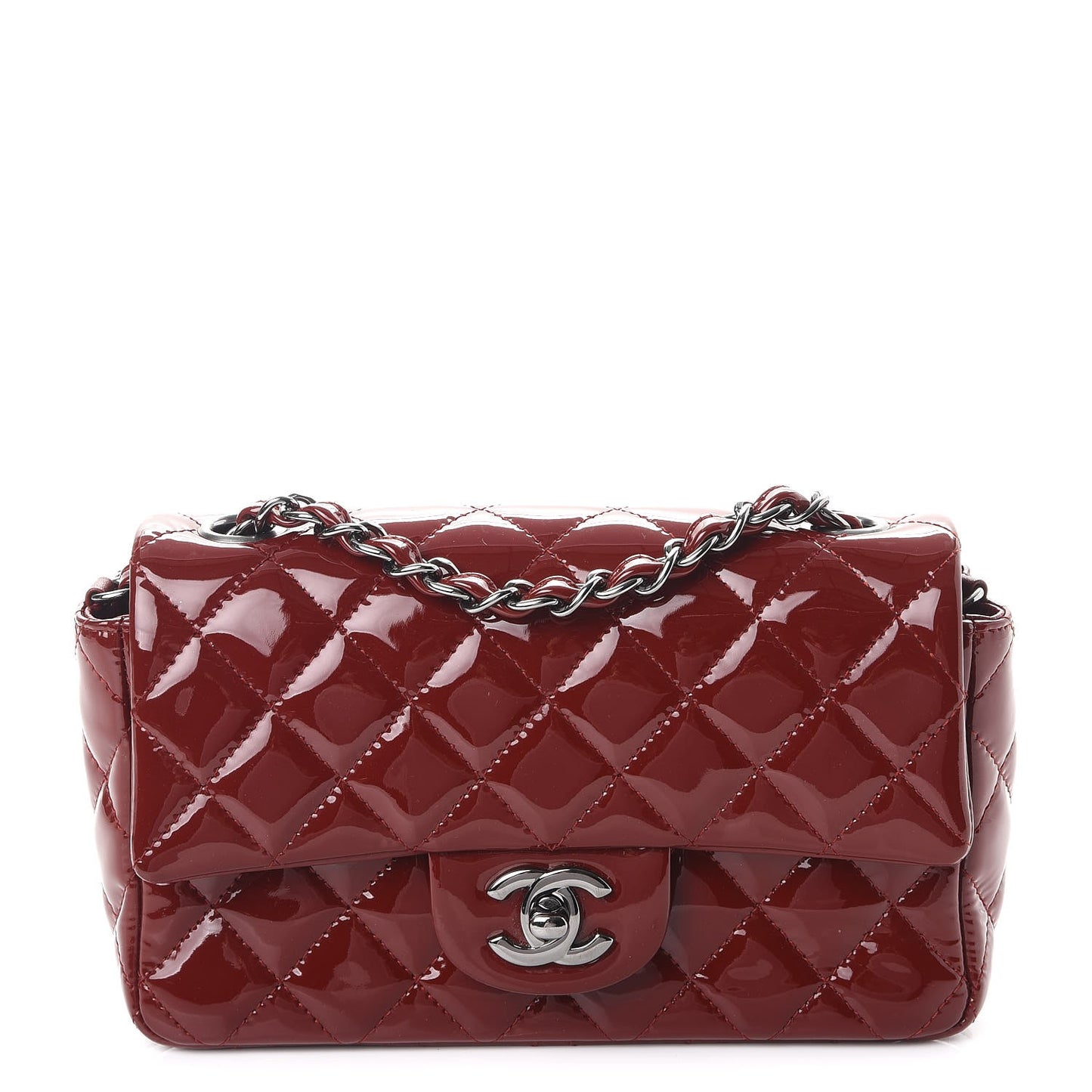 Patent Calfskin Quilted Mini Rectangular Flap Dark Red
