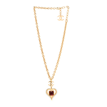 Chanel Resin Crystal Heart CC Pendant Necklace Red White Gold 4 of 5