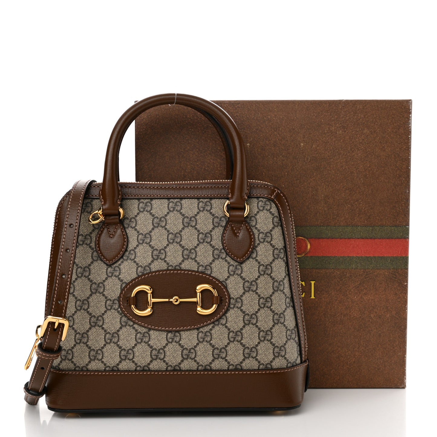 GG Supreme Monogram Azalea Calfskin Small Horsebit 1955 Top Handle Bag Beige Ebony Brown Sugar