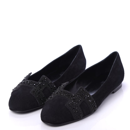 Hermes Suede Goatskin Crystal Powdered Nice Ballerina Flats 36 Black 3 of 7