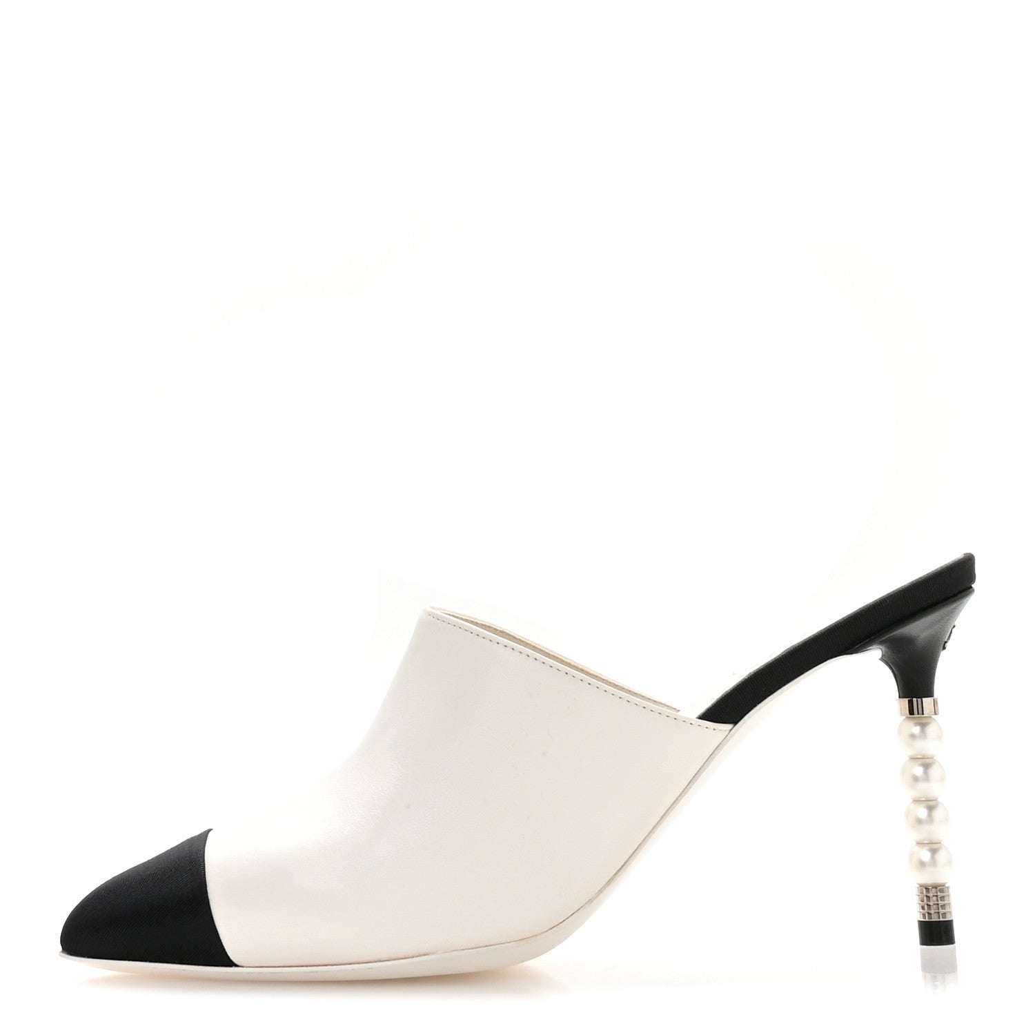 Chanel Lambskin Grosgrain Cap Toe Pearl Mule 38 Beige Black 1 of 8