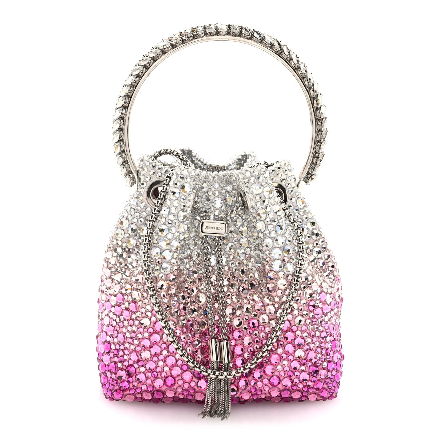 Jimmy Choo Satin Hotfix Crystal Embellished Bon Bon Bucket Bag Candy Pink Silver 1 of 10