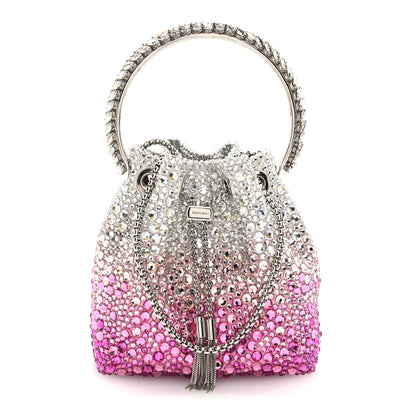 Jimmy Choo Satin Hotfix Crystal Embellished Bon Bon Bucket Bag Candy Pink Silver 1 of 10