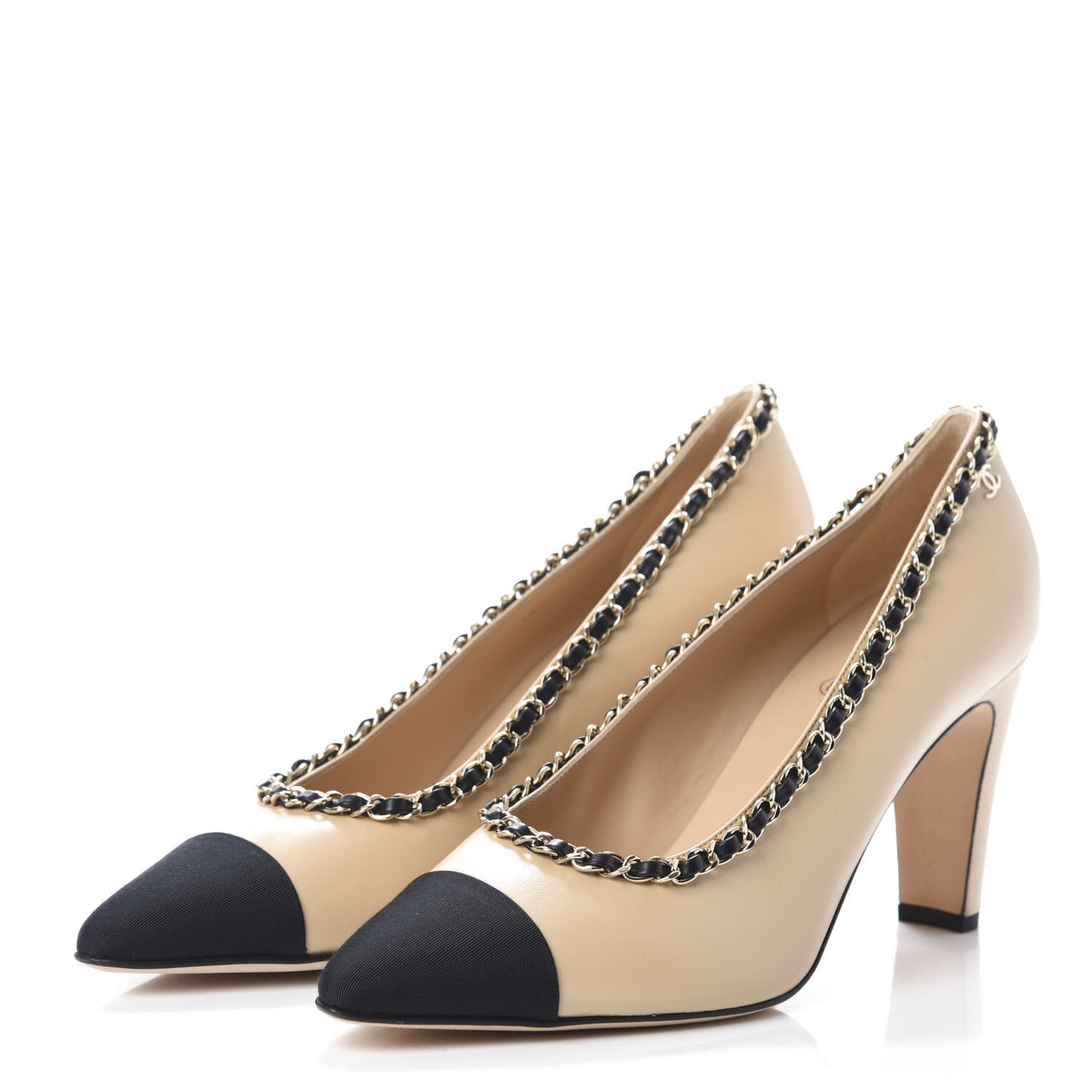 Lambskin Grosgrain Chain Cap Toe Pumps 41 Beige Black